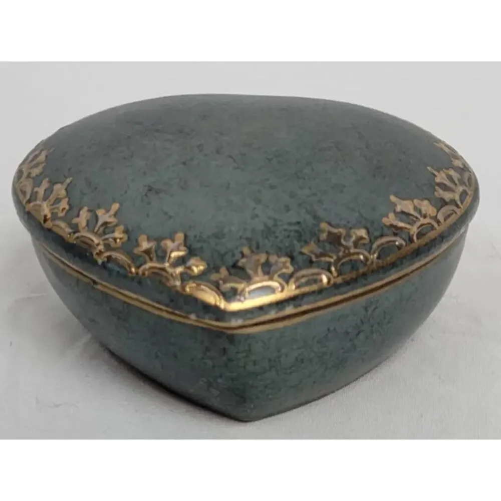 Vintage Green Ceramic With Gold Trim Jewelry Box